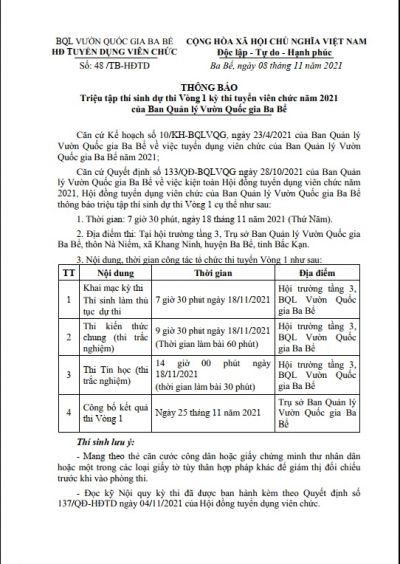 THÔNG BÁO Triệu tập thí sinh dự thi Vòng 1 kỳ thi tuyển viên chức năm 2021 của Ban Quản lý Vườn Quốc gia Ba Bể