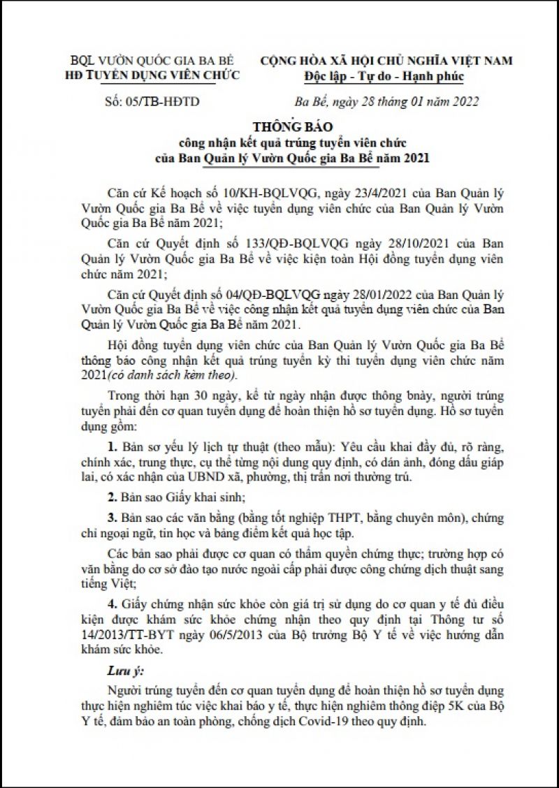 THÔNG BÁO công nhận kết quả trúng tuyển viên chức năm 2021