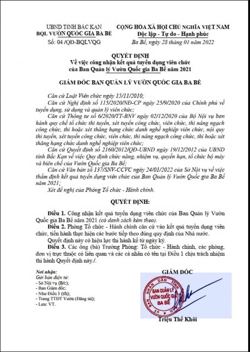 QUYẾT ĐỊNH Về việc công nhận kết quả tuyển dụng viên chức của Ban Quản lý Vườn Quốc gia Ba Bể năm 2021