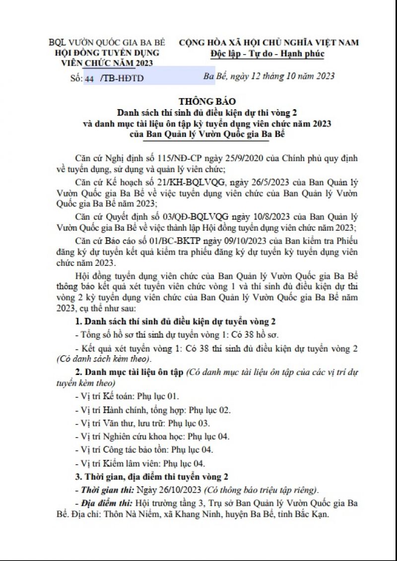 THÔNG BÁO DANH SÁCH THÍ SINH ĐỦ ĐIỀU KIỆN DỰ THI VÒNG 2 VÀ DANH MỤC TÀI LIỆU ÔN TẬP KỲ TUYỂN DỤNG VIÊN CHỨC NĂM 2023 CỦA BAN QUẢN LÝ VƯỜN QUỐC GIA BA BỂ